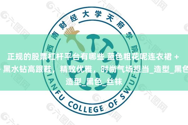 正规的股票杠杆平台有哪些 蓝色粗花呢连衣裙 + 黑丝 + 黑水钻高跟鞋，精致优雅，时尚气场担当_造型_黑色_丝袜